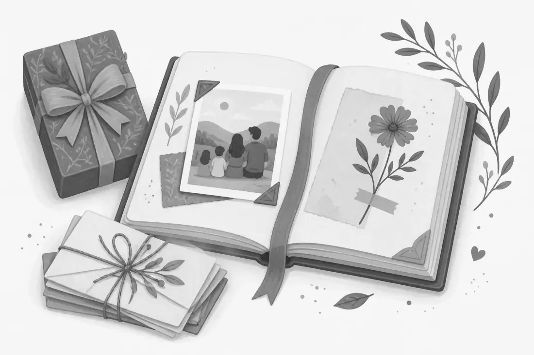 An open keepsake memory book with a pressed flower, a family photo, a small stack of tied letters, and a wrapped gift.